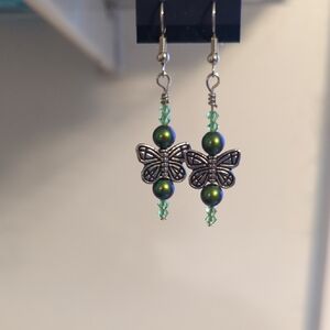 Butterfly Charm Earrings with Green Accents